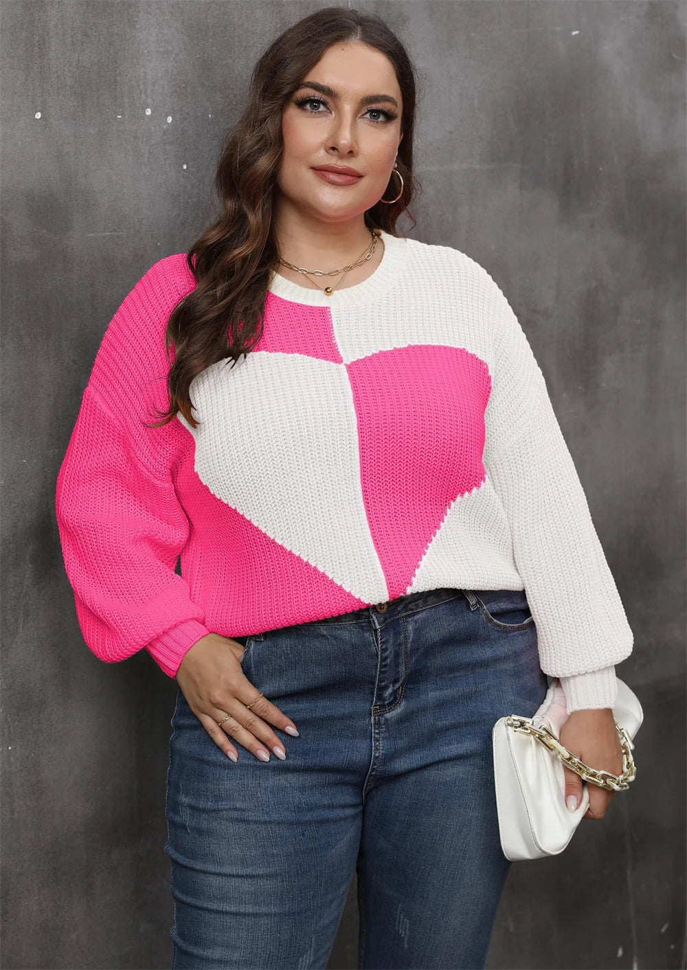 Plus Size Heart Color Block Crew Neck Sweaters Drop Shoulder