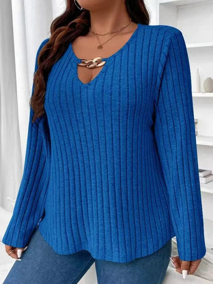 GIBSIE Plus Size Solid V-neck Chain Loose T Shirt Women Spring Autumn Casual Long Sleeved Rib-knit Tees Tops Female Clothes - Trendy Attic Store01