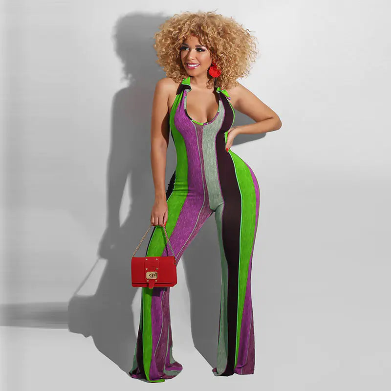 Striped Halter Jumpsuit with Horns for a Bold Look