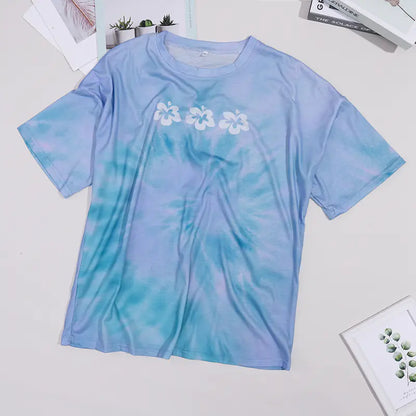 Blaues T-Shirt mit Blumenmuster für Damen – Lässige kurze Ärmel