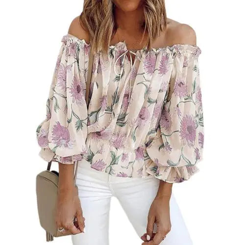 Women's Off-Shoulder Chiffon Print Long Sleeve Top