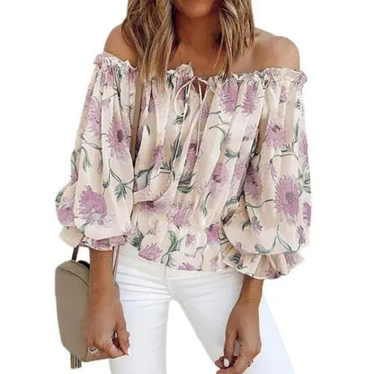 Women's Off-Shoulder Chiffon Print Long Sleeve Top