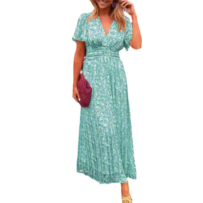 Printed Waist-Cinched V-Neck Dress