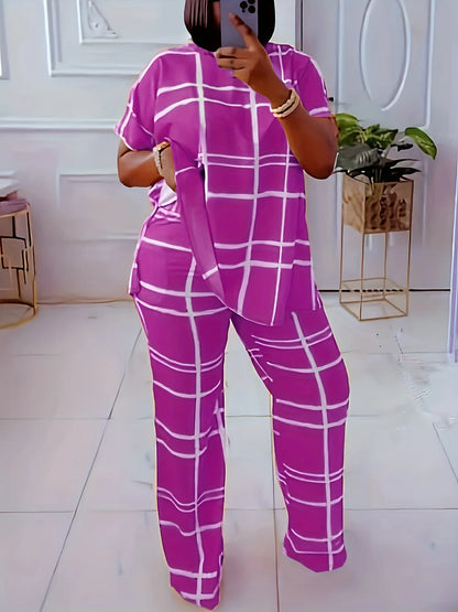 Elements Striped Grid Printed Casual Round Neck  Two Piece Set