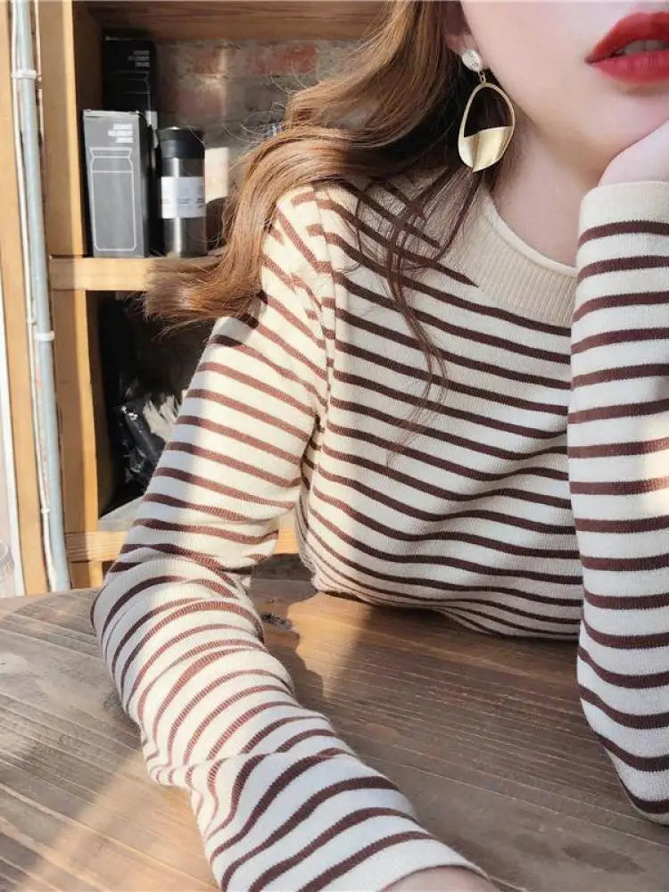 Mock Neck Pullover Long Sleeve Casual Striped Knitted Sweaters