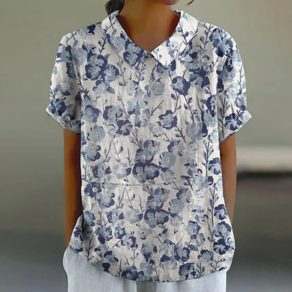 Printed  Puff Sleeve Peter Pan Collar Shirts Blouses