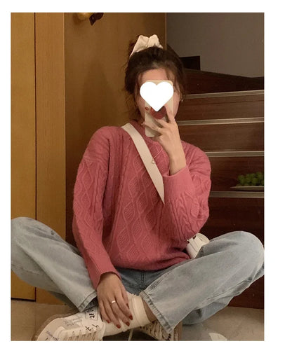 Plus Size Elegant Style Knit  Loose Fit Slimming Long Sleeve Sweater