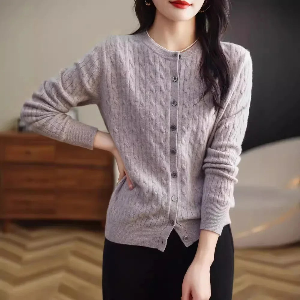 Long Sleeve Knitted O-neck Basic Thick Warm Cardigan