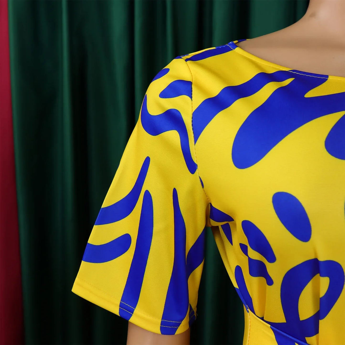 Printed Belted Dress Elegant  Knee-Length Round Neck Short Sleeve Dress