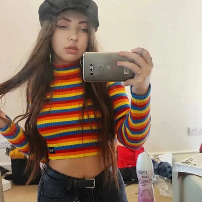 Colorful Striped Turtleneck Knit Sweater (Short Style)