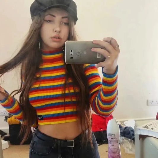 Colorful Striped Turtleneck Knit Sweater (Short Style)