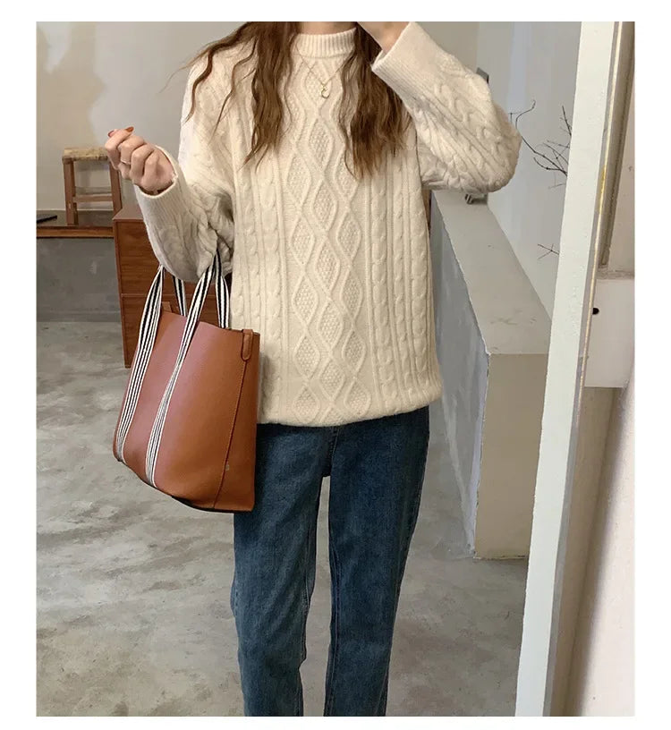 Plus Size Elegant Style Knit  Loose Fit Slimming Long Sleeve Sweater