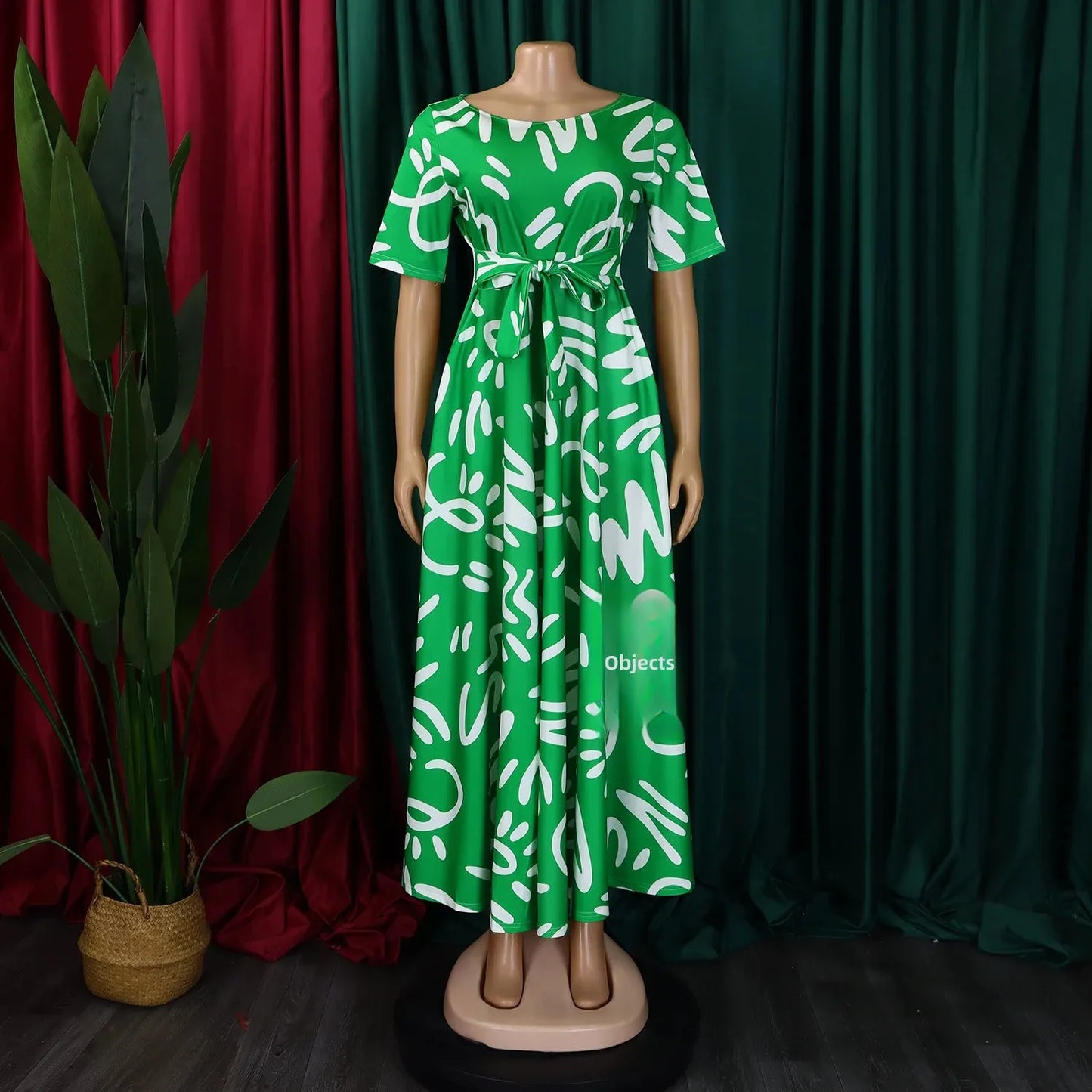 Printed Belted Dress Elegant  Knee-Length Round Neck Short Sleeve Dress