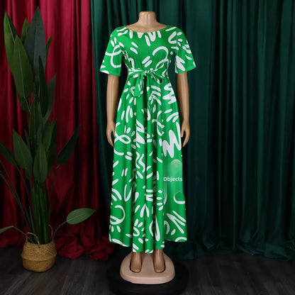Printed Belted Dress Elegant  Knee-Length Round Neck Short Sleeve Dress
