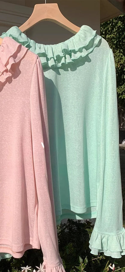 Solid Color Long Sleeve Sweet Double Layer Ruffles Crew Neck Knitted Sweater