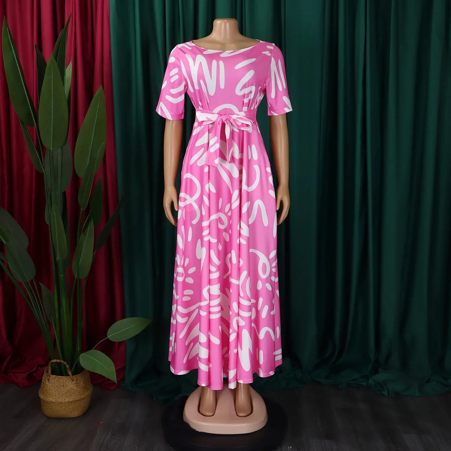 Printed Belted Dress Elegant  Knee-Length Round Neck Short Sleeve Dress