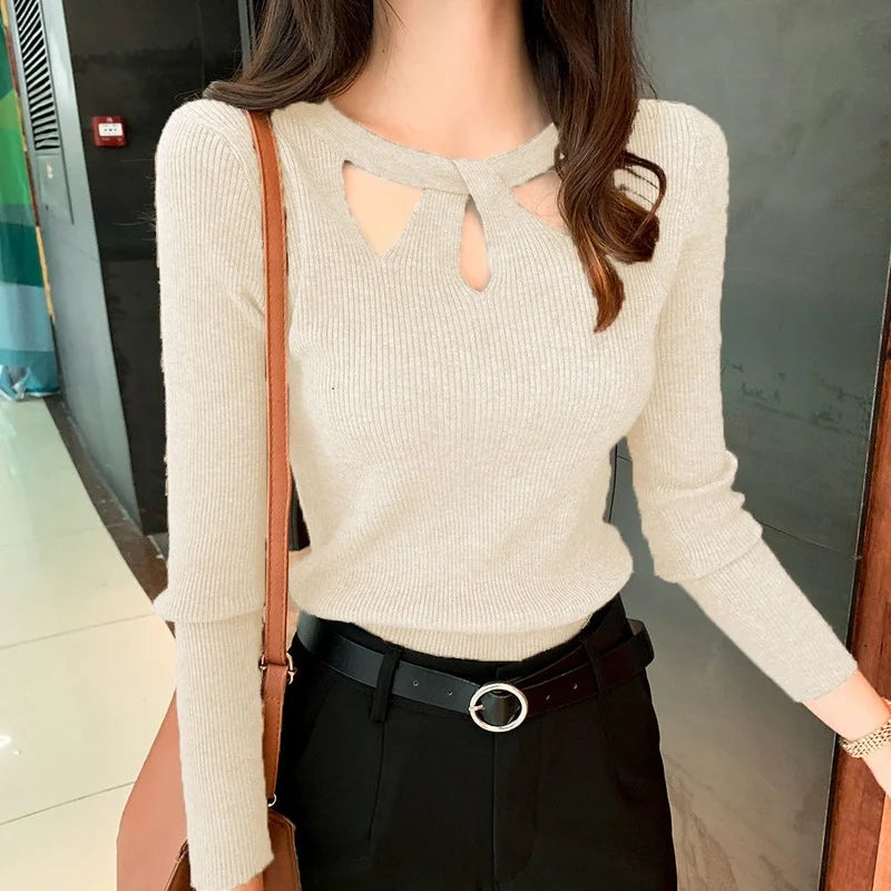 O-neck Stretch Sexy Pullover  Hollow Solid Color Sweater