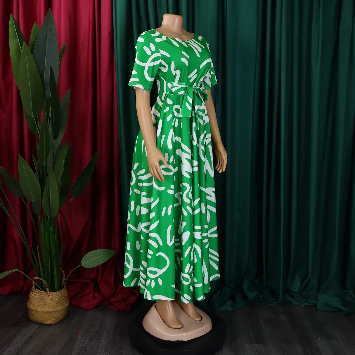 Printed Belted Dress Elegant  Knee-Length Round Neck Short Sleeve Dress