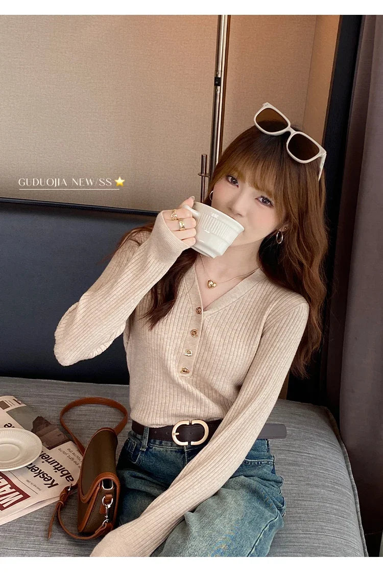 Sweaters Casual Slim Button Knitted Pullover Sweater