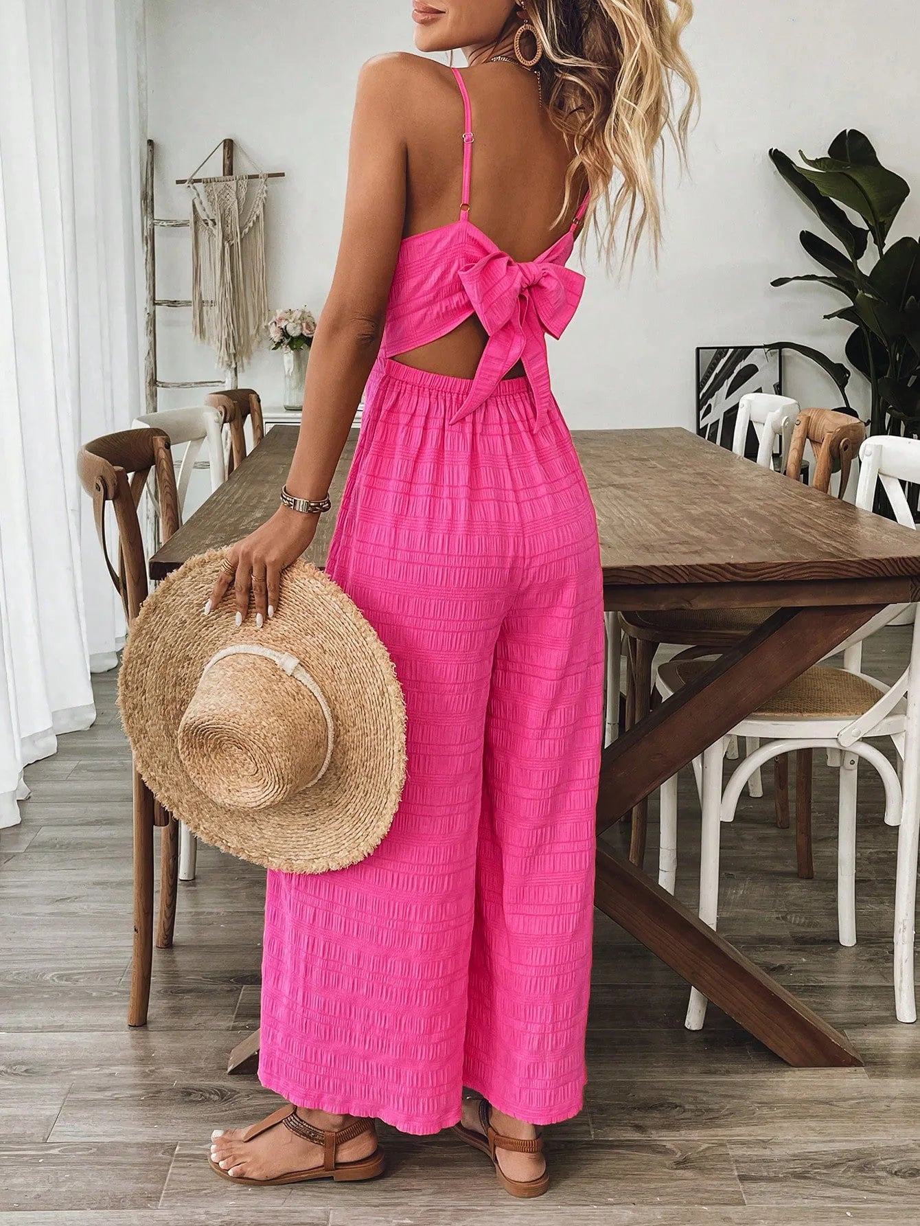 Women's Jumpsuits  Rose Red Sexy Backless Strap Wide-foot Jumpsuits