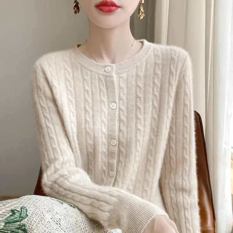 Long Sleeve Knitted O-neck Basic Thick Warm Cardigan