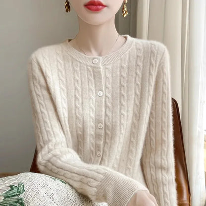 Long Sleeve Knitted O-neck Basic Thick Warm Cardigan