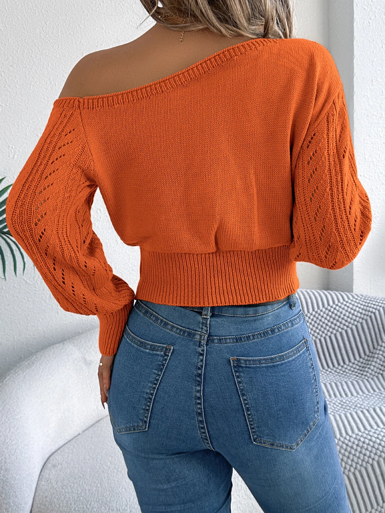 Casual Elegant Slash Neck Off shoulder Long Sleeved Knitted Pullover Sweater