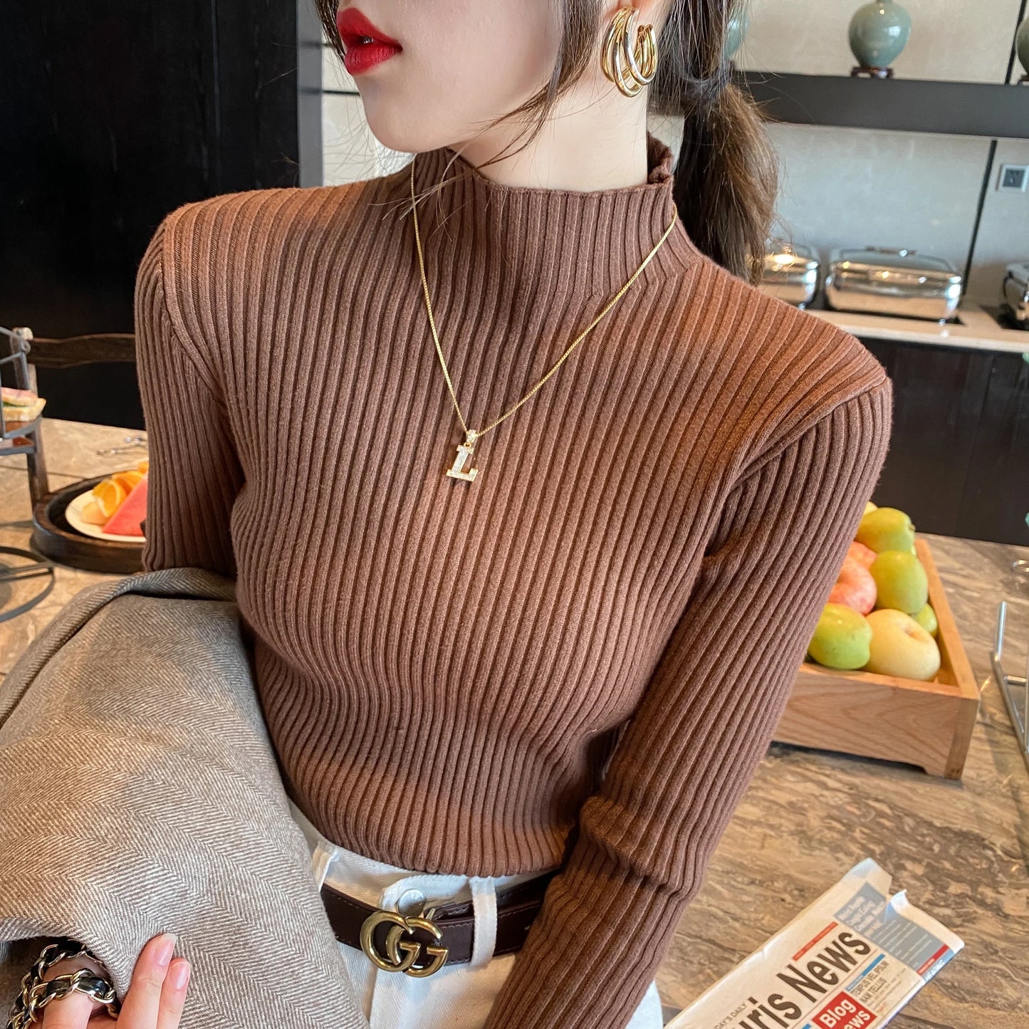 Pullover Long Sleeve Mock Neck Knitted Women Sweater