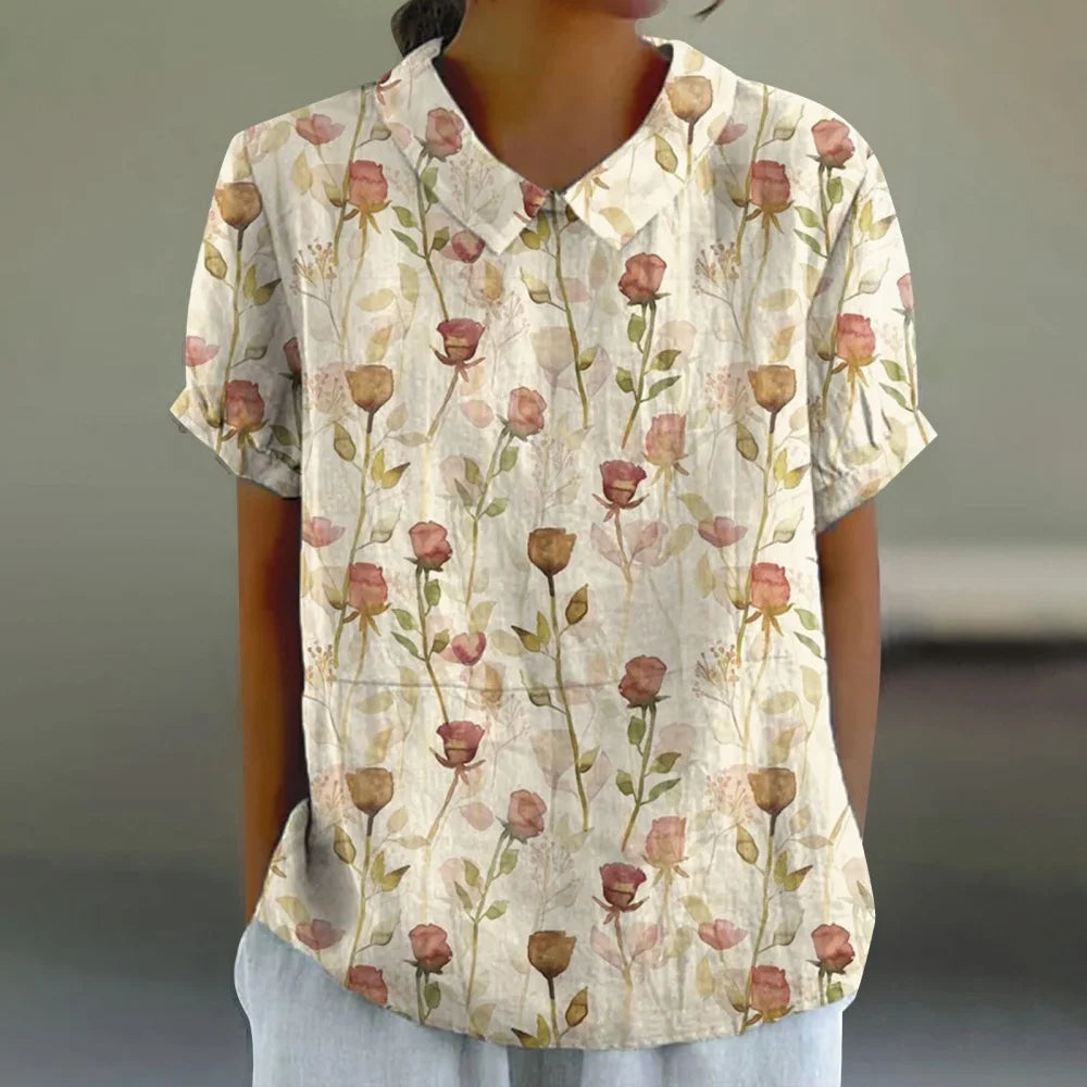 Printed  Puff Sleeve Peter Pan Collar Shirts Blouses