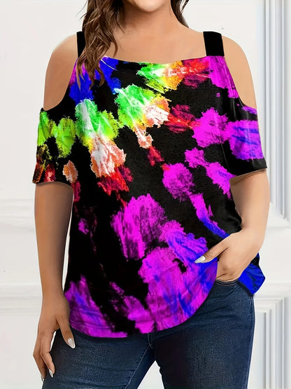 New Strap Off-The-Shoulder  Print Plus Size Women's Short Sleeve