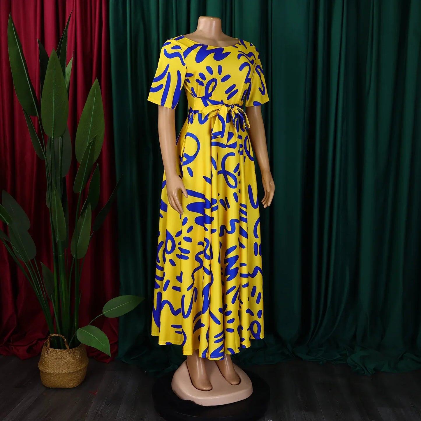 Printed Belted Dress Elegant  Knee-Length Round Neck Short Sleeve Dress