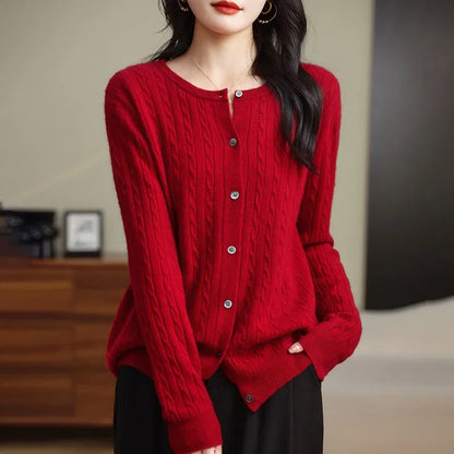 Long Sleeve Knitted O-neck Basic Thick Warm Cardigan