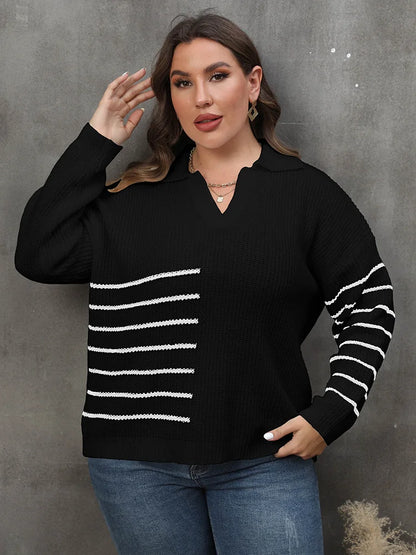 Plus Size Drop Shoulder Striped Knitted Pullover Sweater