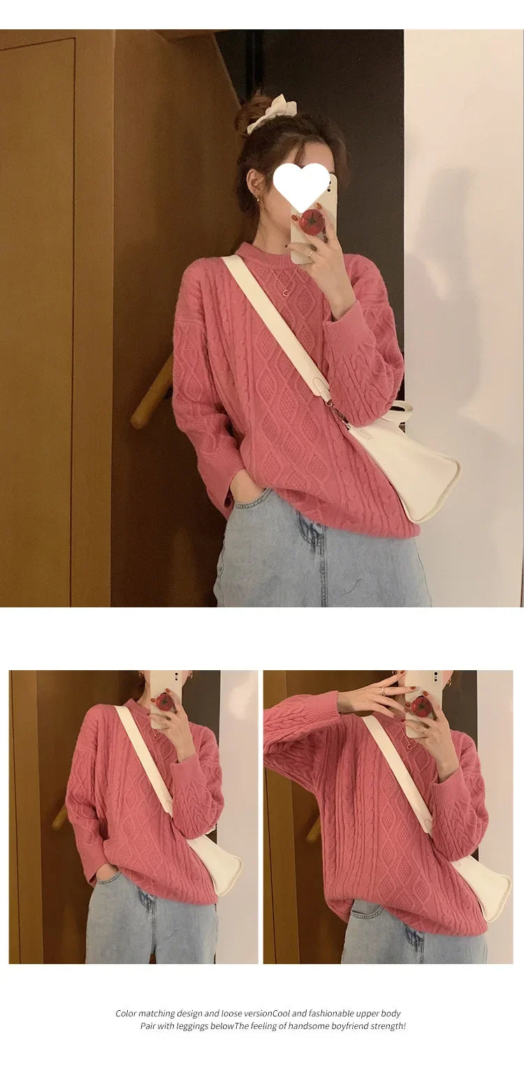 Plus Size Elegant Style Knit  Loose Fit Slimming Long Sleeve Sweater