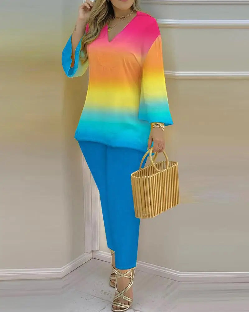 Long Sleeve V-neck Polyester Printing Two Pieces Sets