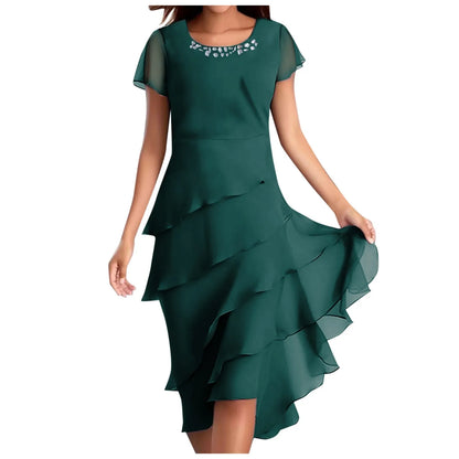 Plus Size Short Sleeve Round Neck Chiffon Paneled Dresses