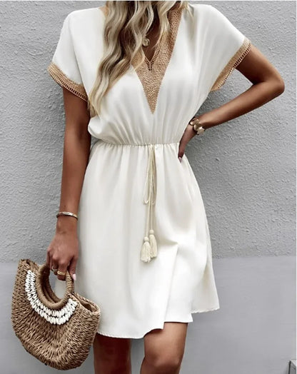 Short Sleeve V-neck Ruffle Waist Cross-border  Elastic Waist Dress