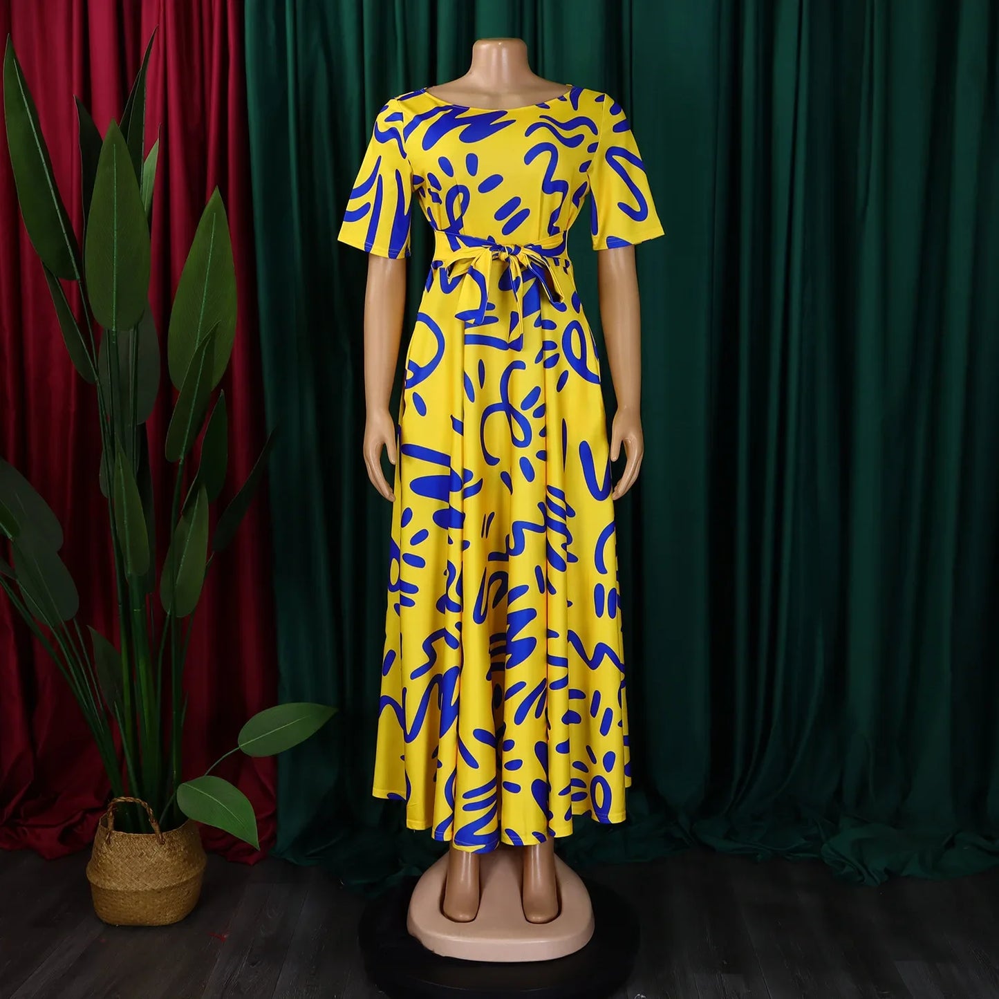 Printed Belted Dress Elegant  Knee-Length Round Neck Short Sleeve Dress