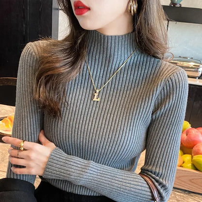Pullover Long Sleeve Mock Neck Knitted Women Sweater