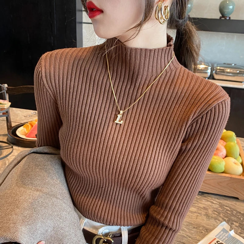 Pullover Long Sleeve Mock Neck Knitted Women Sweater