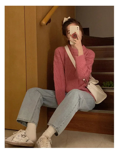 Plus Size Elegant Style Knit  Loose Fit Slimming Long Sleeve Sweater