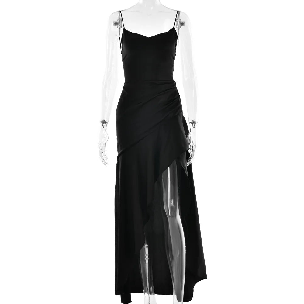 elegant satin long skirt personality suspender ruffle high slit dress club clothing