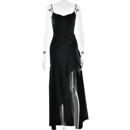 elegant satin long skirt personality suspender ruffle high slit dress club clothing