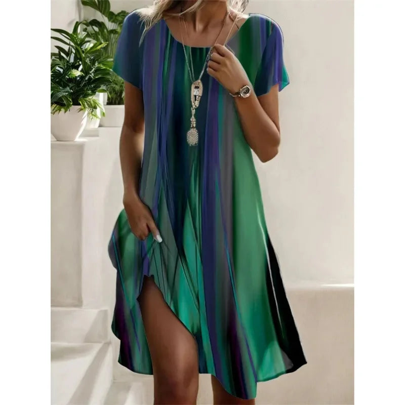 Artistic Ethnic Style Round Neck Medium-Length Dress Summer