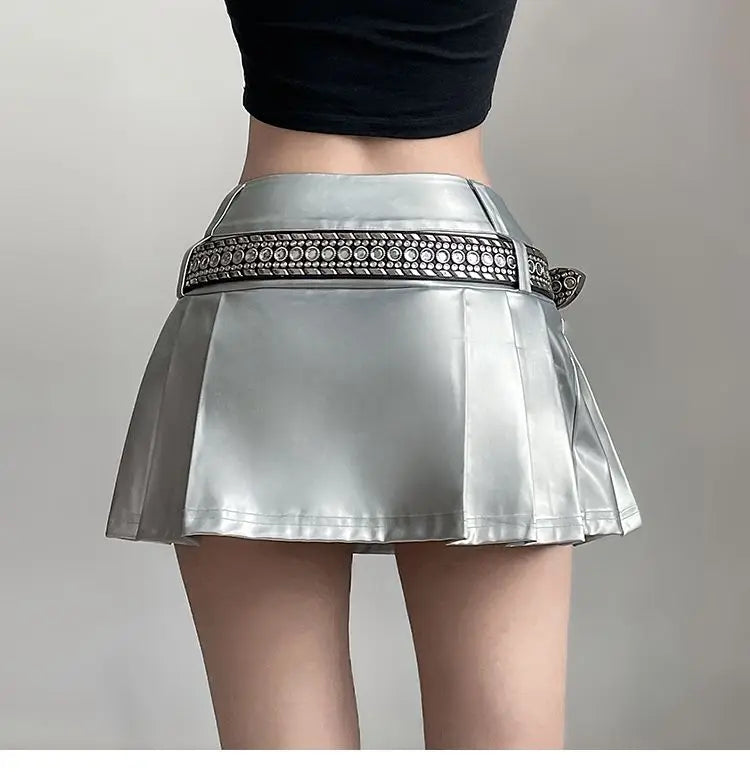 Hip-hop Pleated PU Leather Pleated Skirt