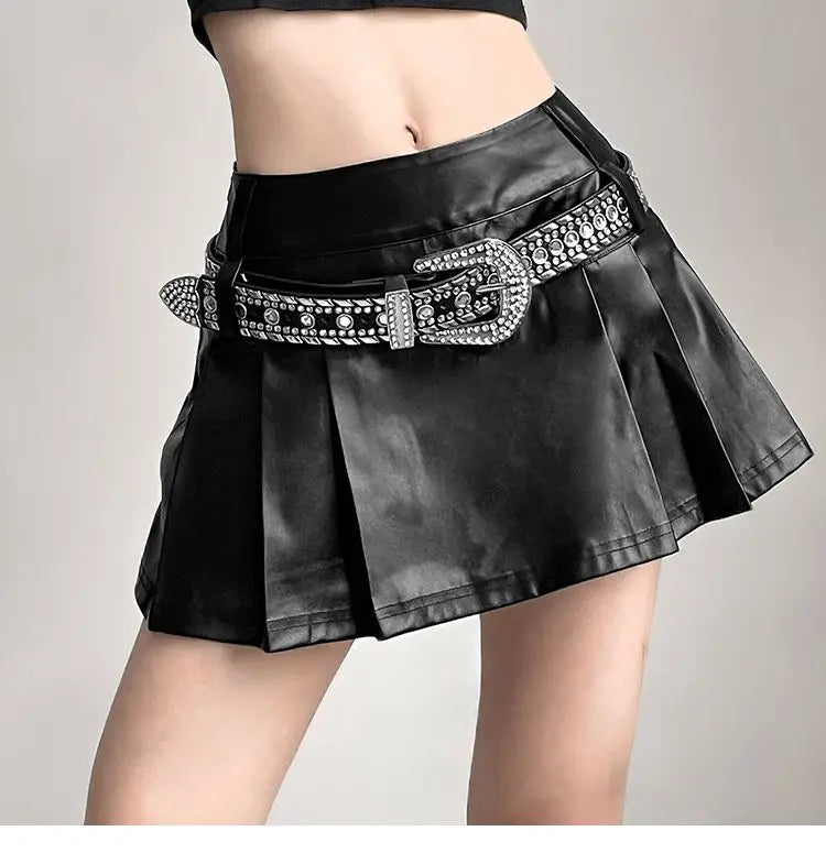 Hip-hop Pleated PU Leather Pleated Skirt
