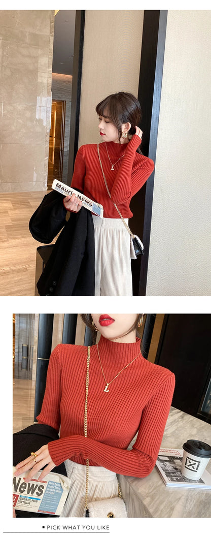 Pullover Long Sleeve Mock Neck Knitted Women Sweater