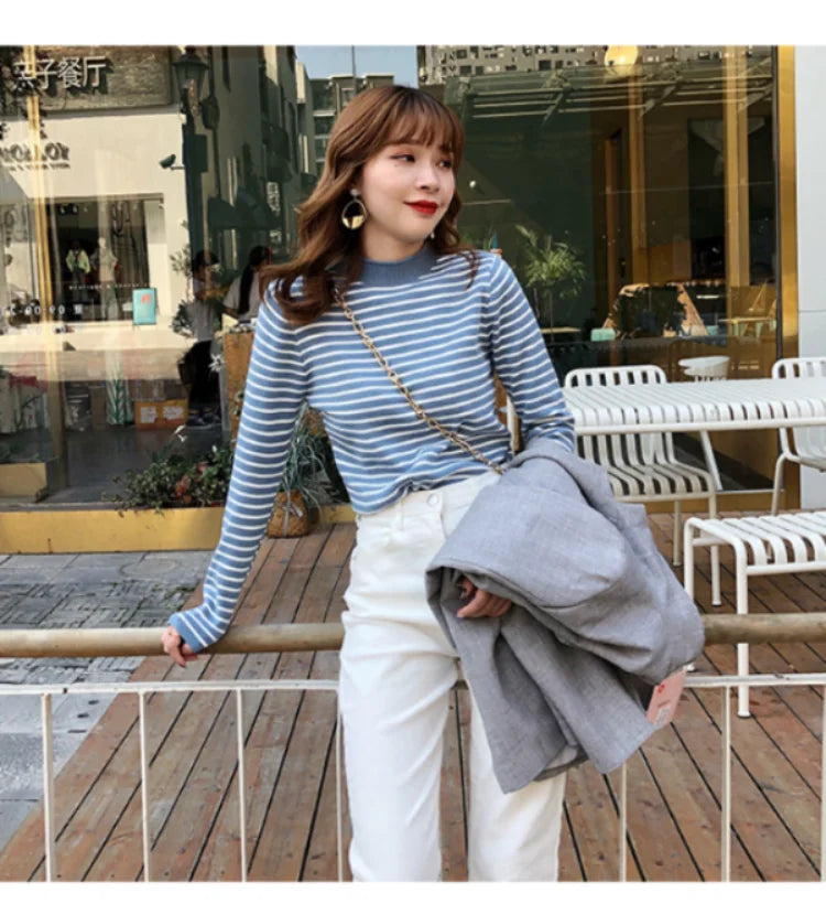Mock Neck Pullover Long Sleeve Casual Striped Knitted Sweaters