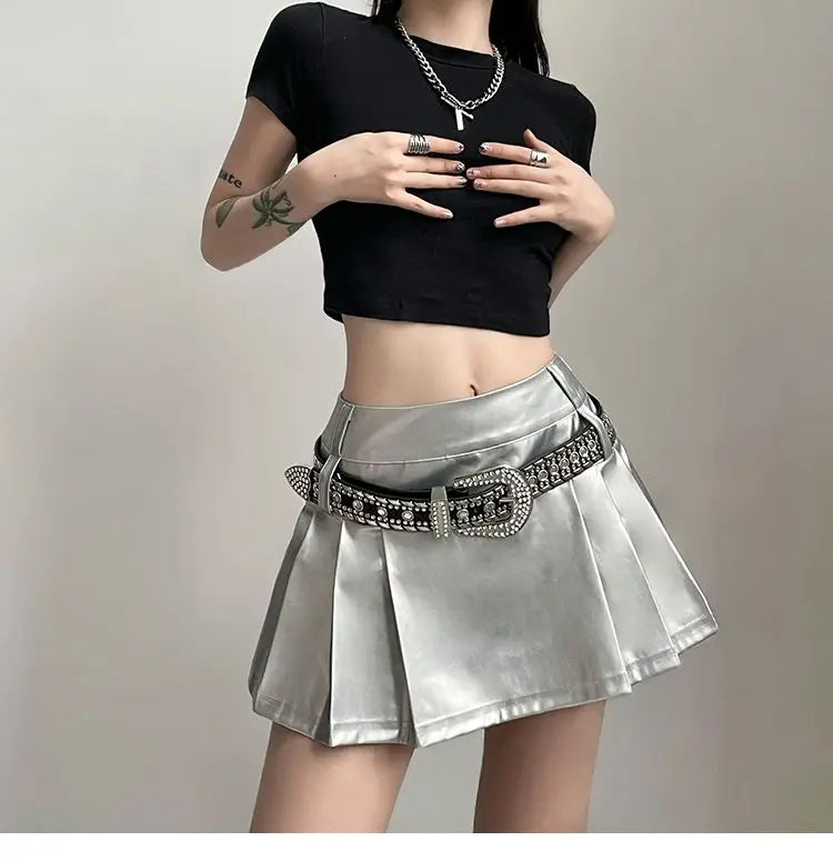 Hip-hop Pleated PU Leather Pleated Skirt