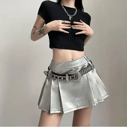 Hip-hop Pleated PU Leather Pleated Skirt